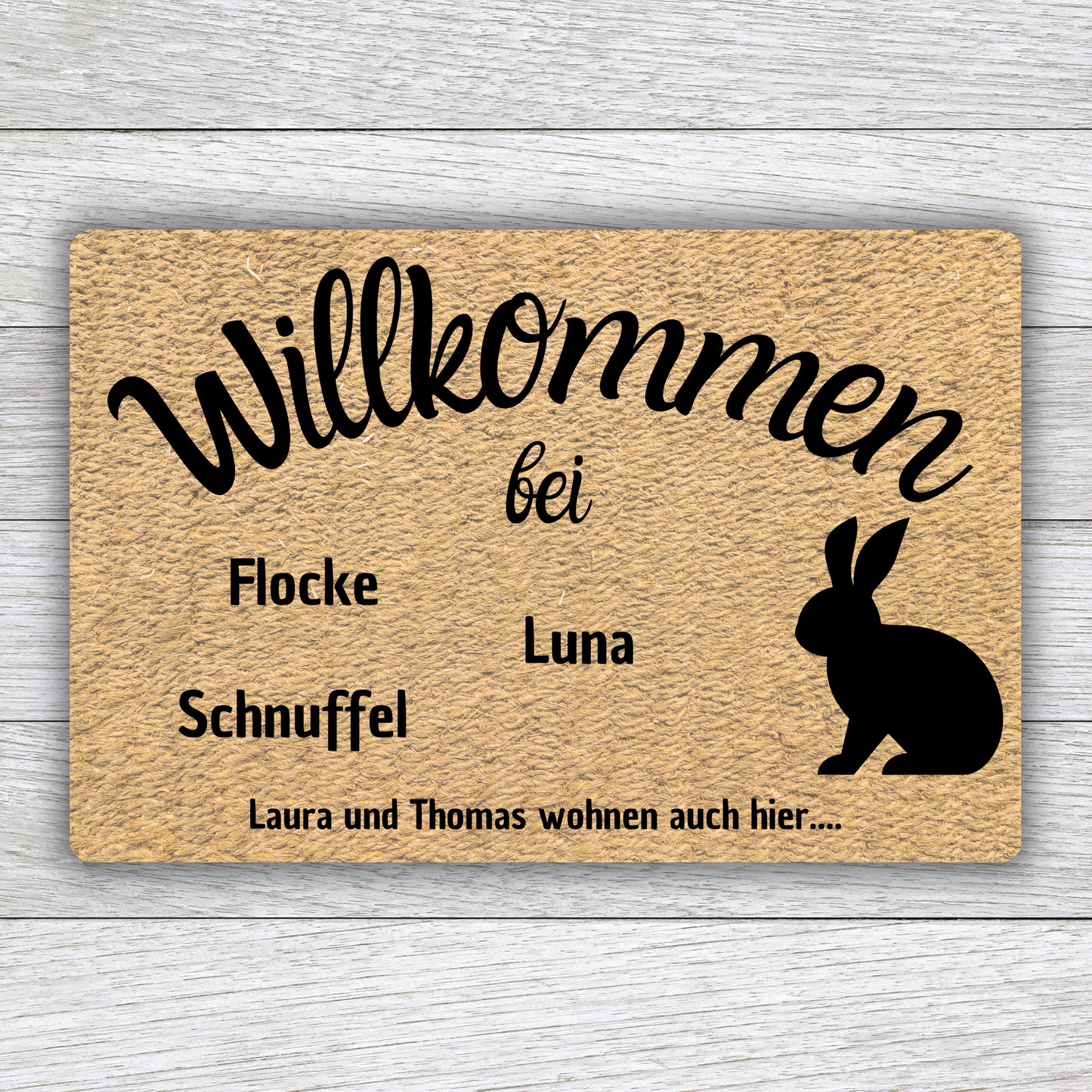Individuell gestaltbare Kaninchen Fußmatte mit Tiernamen – Willkommen bei – 60x40 cm
