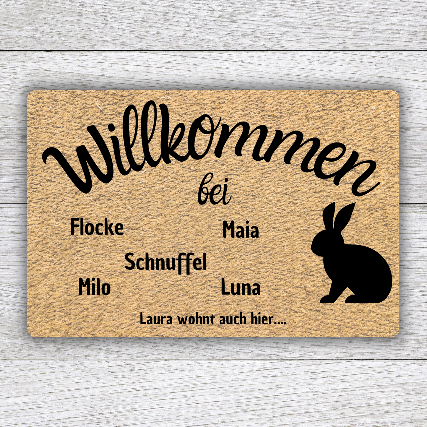 Individuell gestaltbare Kaninchen Fußmatte mit Tiernamen – Willkommen bei – 60x40 cm