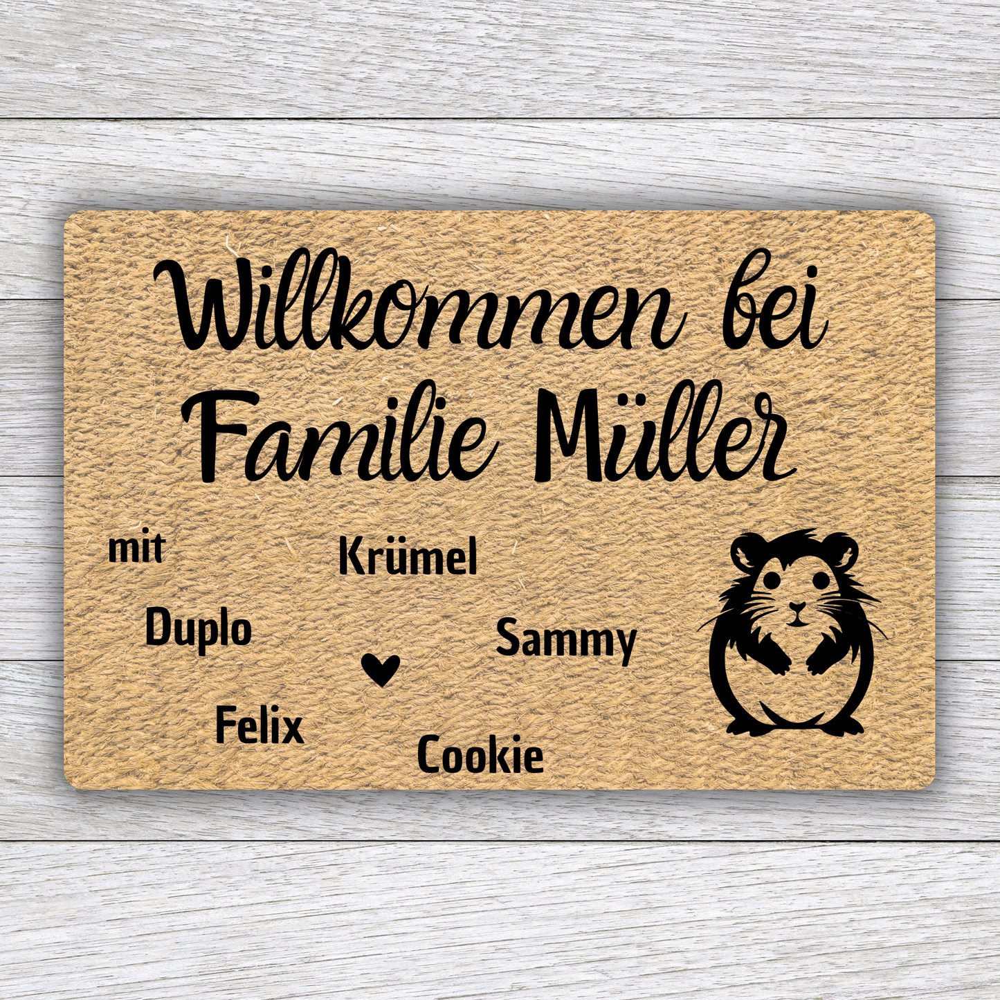 Individuell gestaltbare Hamster Fußmatte mit Tiernamen – Willkommen bei Familie – 60x40 cm