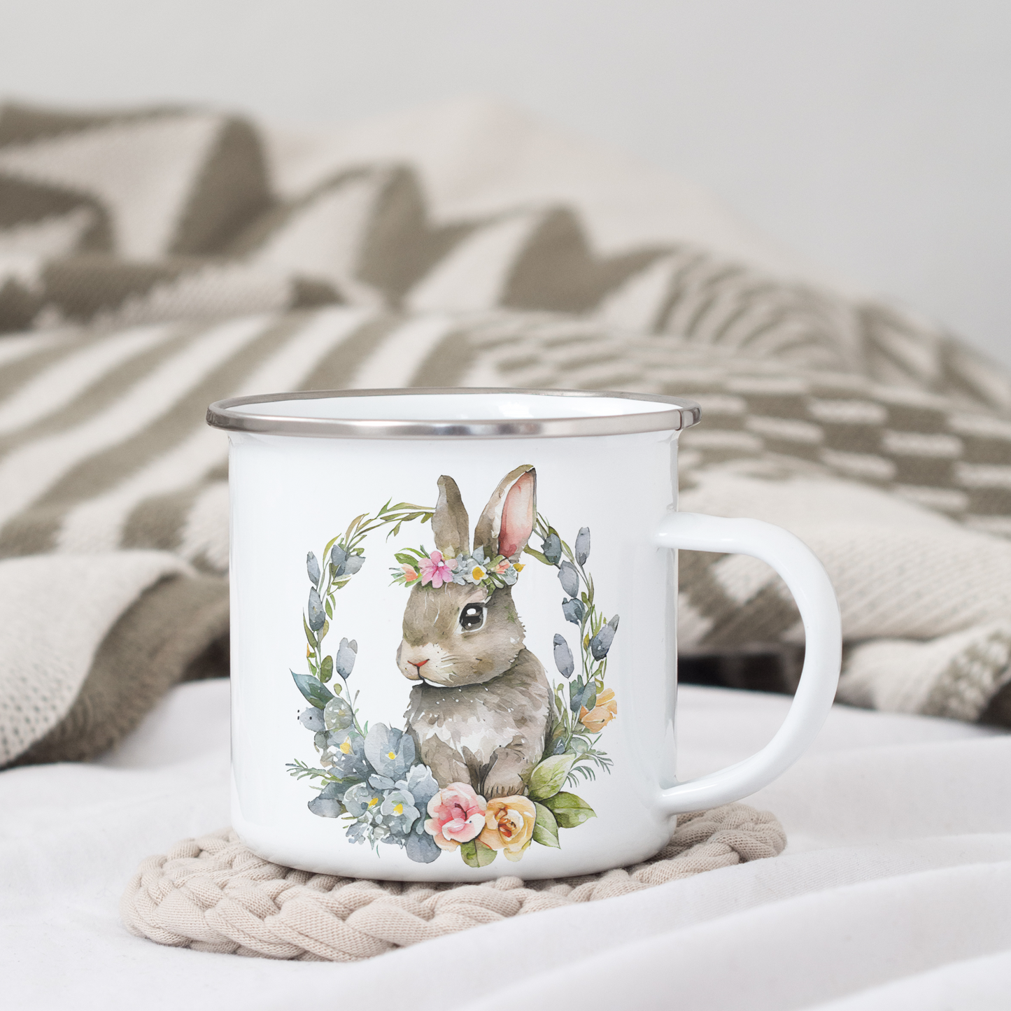 Vintage Emaille Tasse Kaninchen Frühling