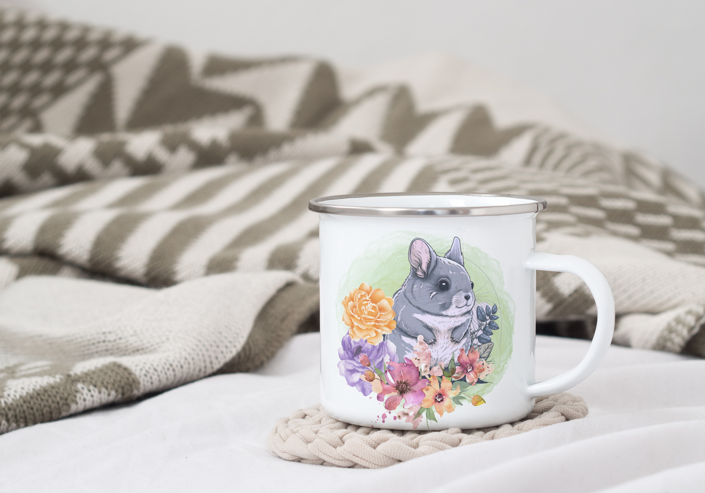 Vintage Emaille Tasse Chinchilla Frühling