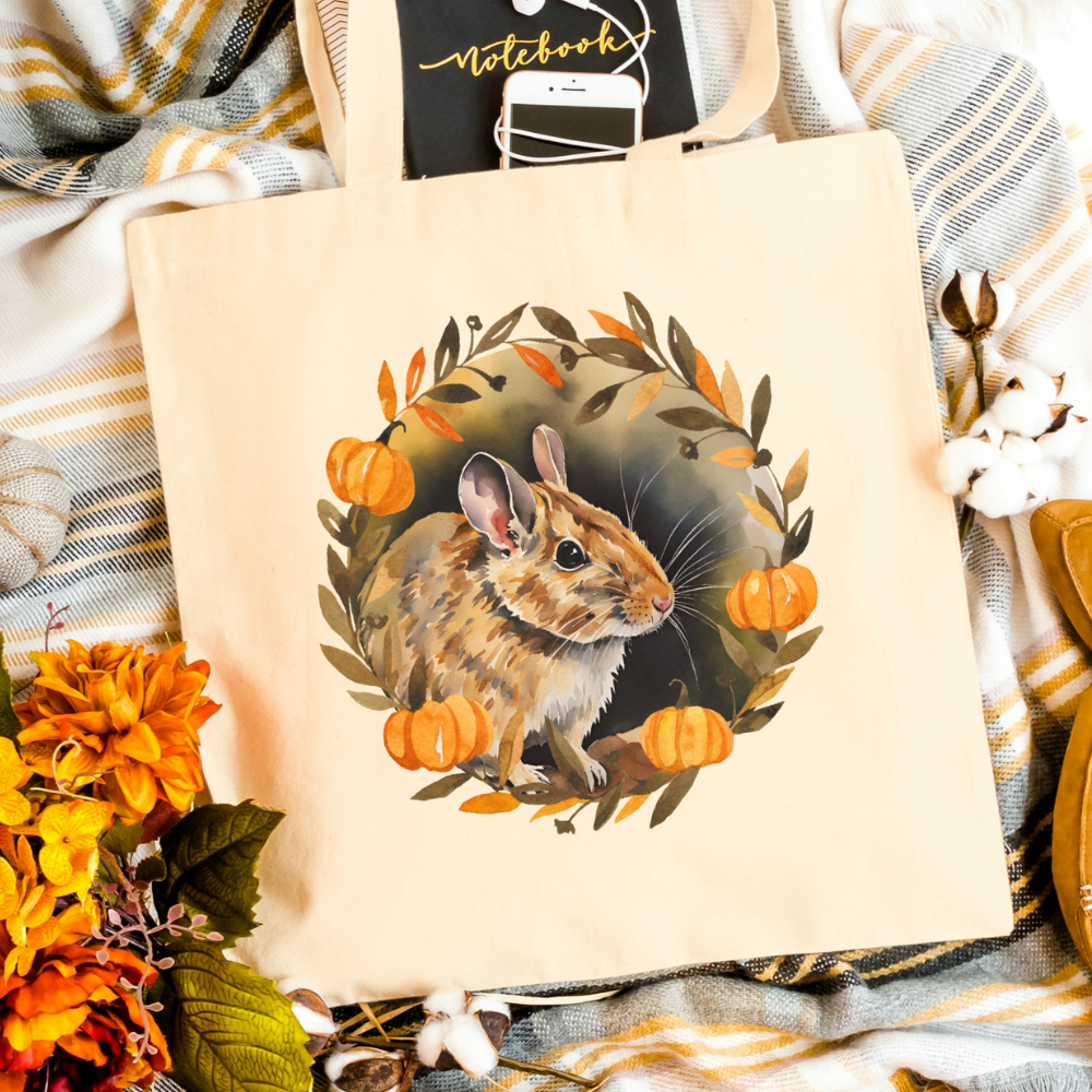 Baumwolltasche mit Degu Herbst-Motiv in der Farbe natur