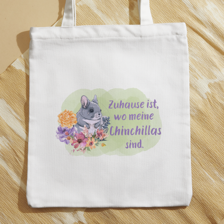 Baumwolltasche mit Motiv Zuhause ist wo meine Chinchillas sind in der Farbe weiß