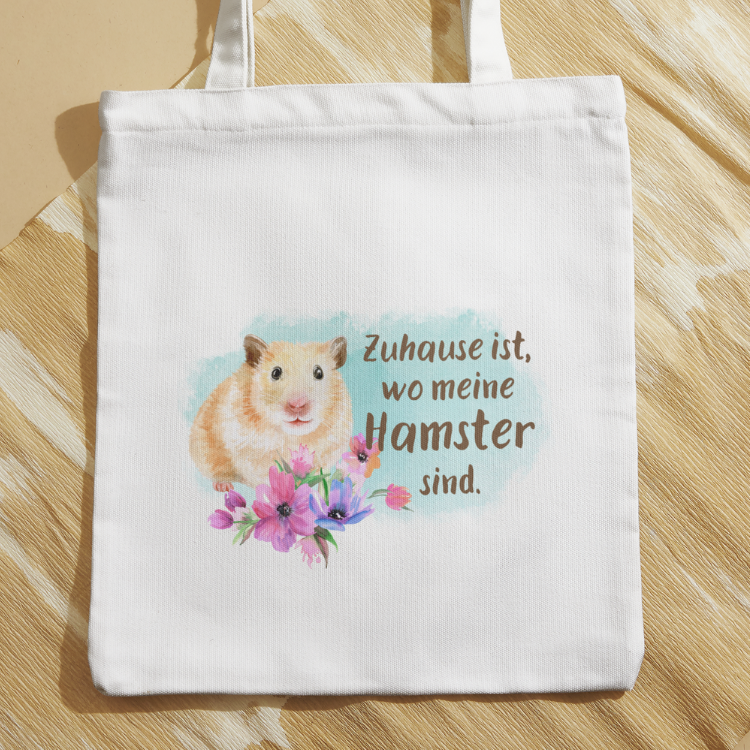 Baumwolltasche mit Motiv Zuhause ist wo meine Hamster sind in der Farbe weiß