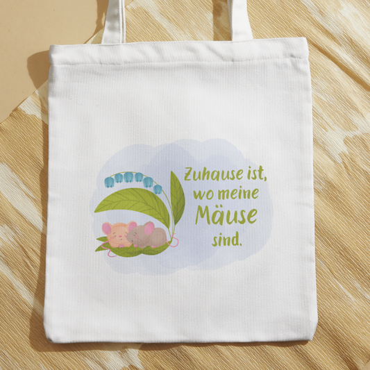 Baumwolltasche mit Motiv Zuhause ist wo meine Mäuse sind in der Farbe weiß
