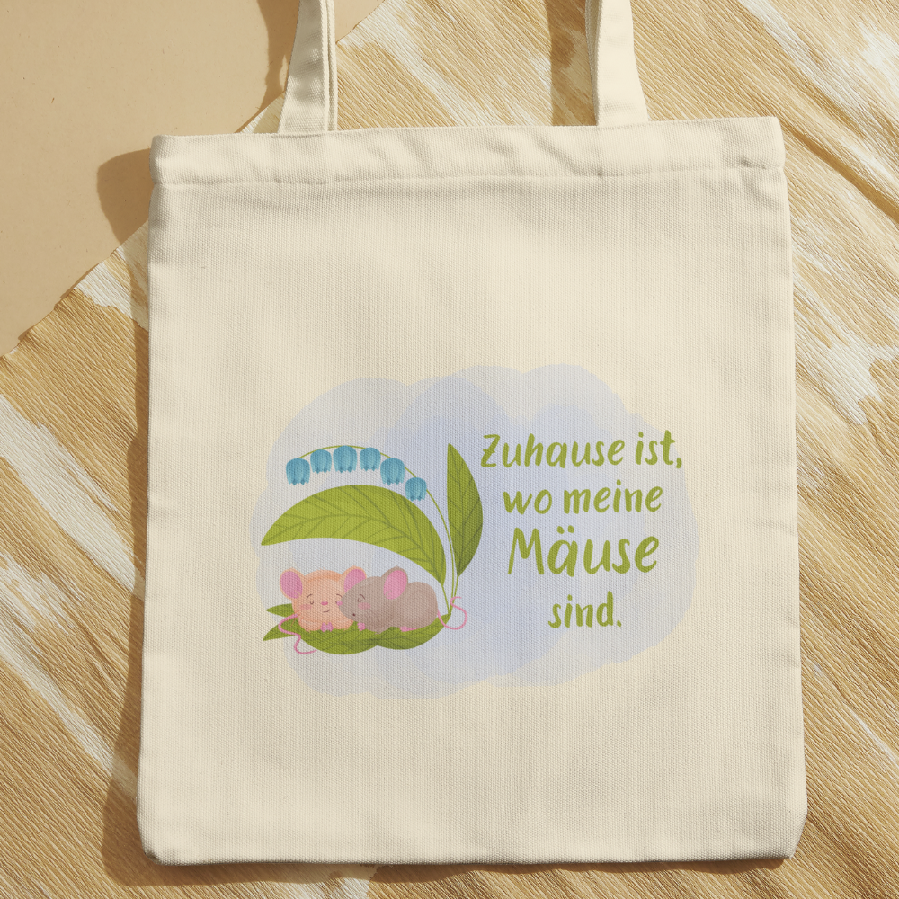 Baumwolltasche mit Motiv Zuhause ist wo meine Mäuse sind in der Farbe natur
