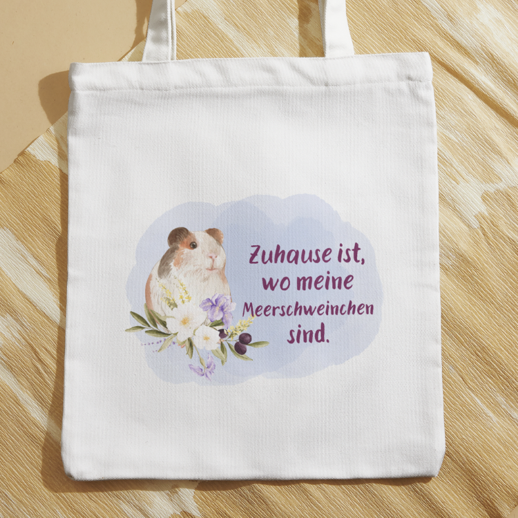 Baumwolltasche mit Motiv Zuhause ist wo meine Meerschweinchen sind in der Farbe weiß