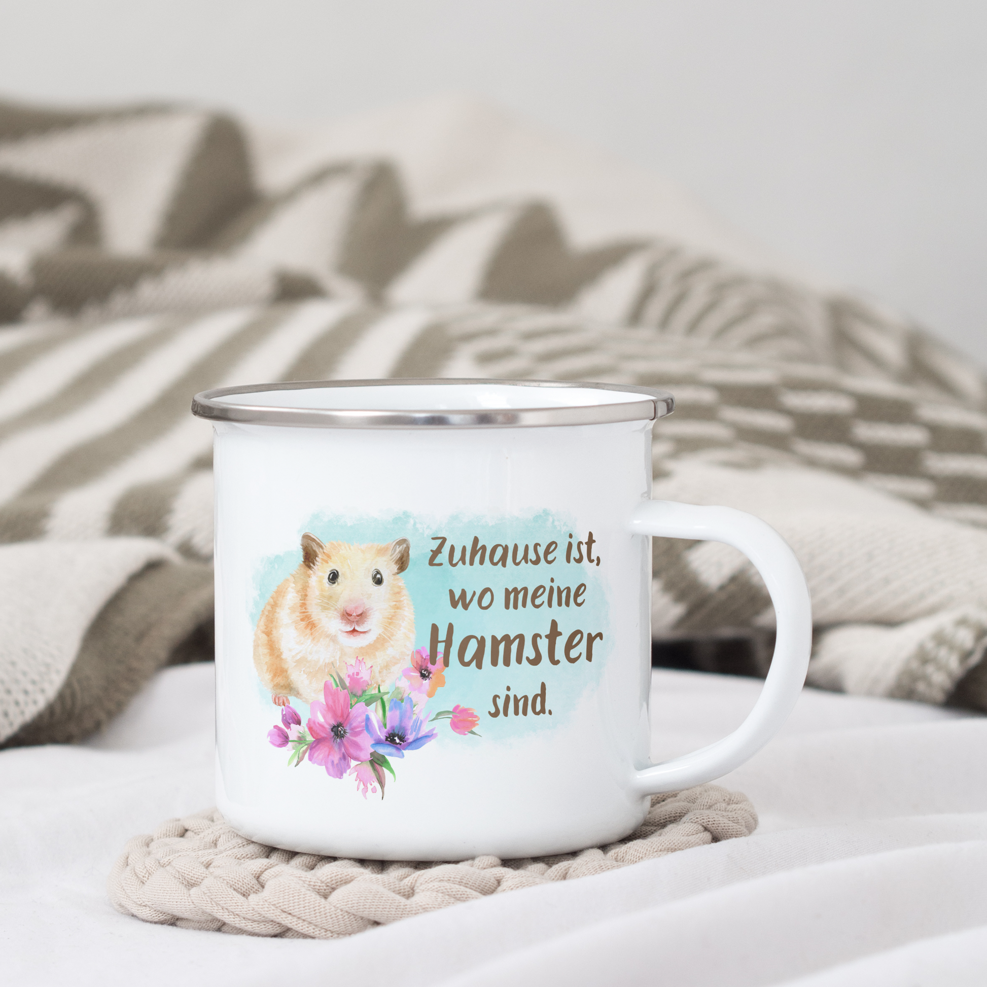 Emaille Tasse mit dem Motiv Zuhause ist, wo meine Hamster sind