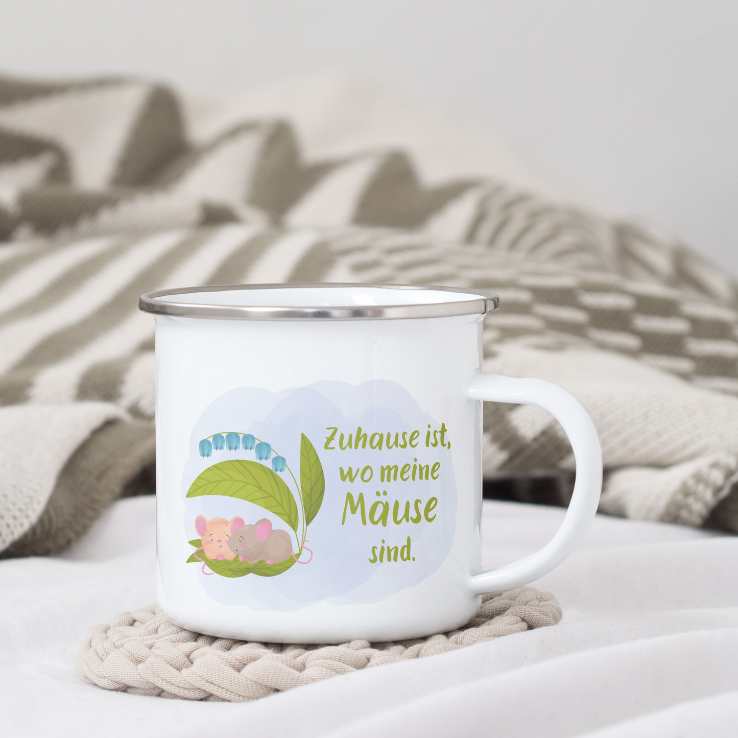 Emaille Tasse mit dem Motiv Zuhause ist, wo meine Maeuse sind